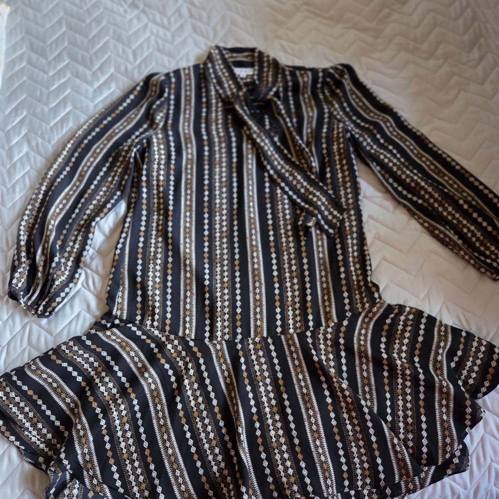 THML Black Striped Tie-Neck Mini Dress with Gold & White Accents sz small